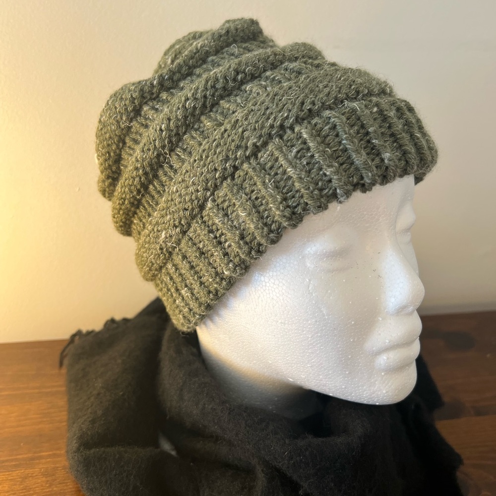 Hand Knit hemp blend Slouch Beanie Hat - Olive Green